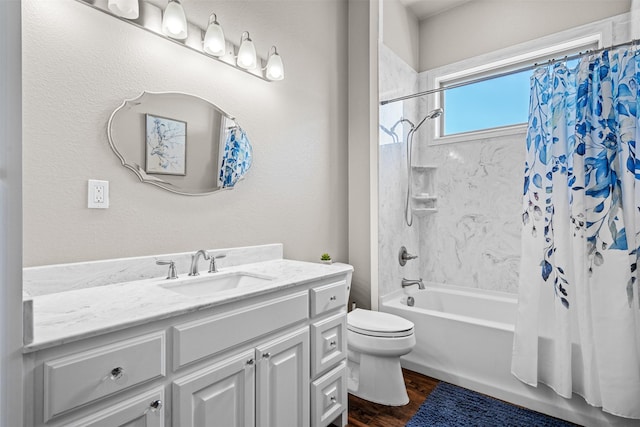 full bathroom with shower / bath combination with curtain, vanity, toilet, and hardwood / wood-style flooring