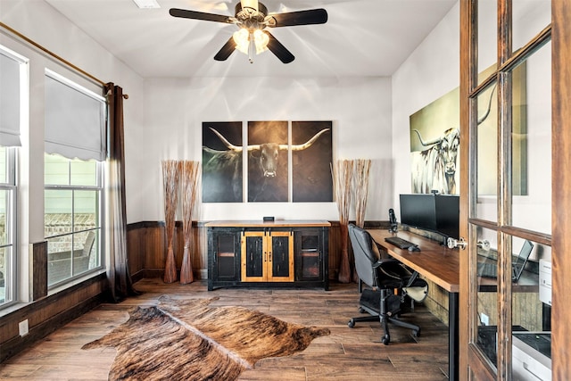 office featuring hardwood / wood-style flooring and wood walls