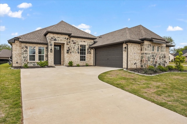 french country inspired facade with a garage and a front lawn