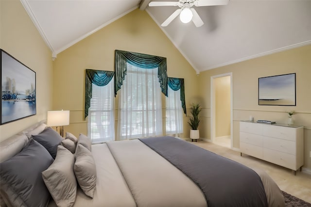 bedroom featuring ornamental molding, light colored carpet, ceiling fan, high vaulted ceiling, and beamed ceiling