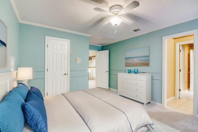 bedroom featuring ceiling fan, ornamental molding, and light carpet