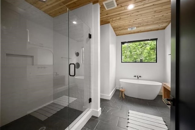 bathroom with wood ceiling, tile floors, and shower with separate bathtub