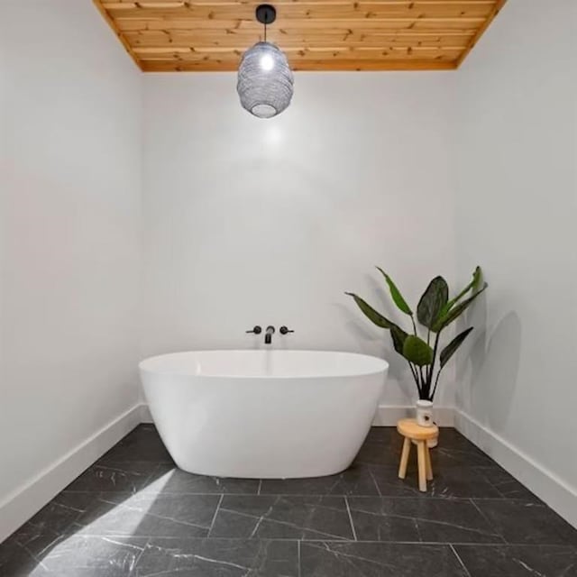 bathroom featuring wooden ceiling and tile floors