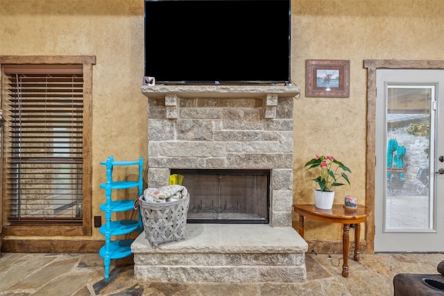 room details featuring a fireplace