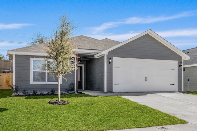 single story home featuring a front yard and a garage