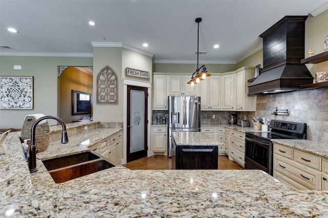 kitchen featuring light stone countertops, black electric range oven, stainless steel refrigerator with ice dispenser, pendant lighting, and custom exhaust hood