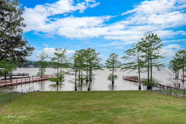 property view of water with a dock