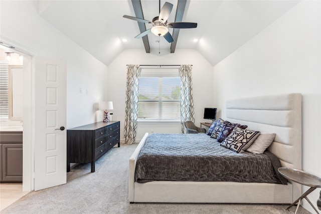 carpeted bedroom featuring vaulted ceiling and ceiling fan