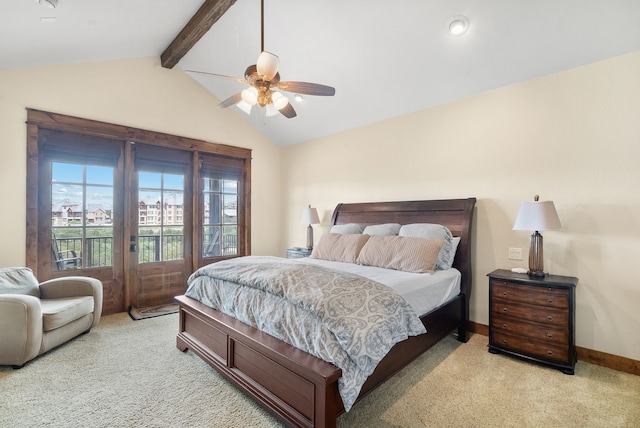 carpeted bedroom with access to exterior, lofted ceiling with beams, and ceiling fan