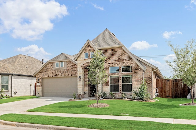 tudor house featuring a front yard and a garage