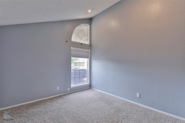 empty room with lofted ceiling, carpet floors, and a textured ceiling