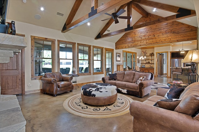 205 Haciendas Dr, Weatherford, TX 76087 - living area featuring concrete floors, high vaulted ceiling, baseboards, beam ceiling, and a ceiling fan