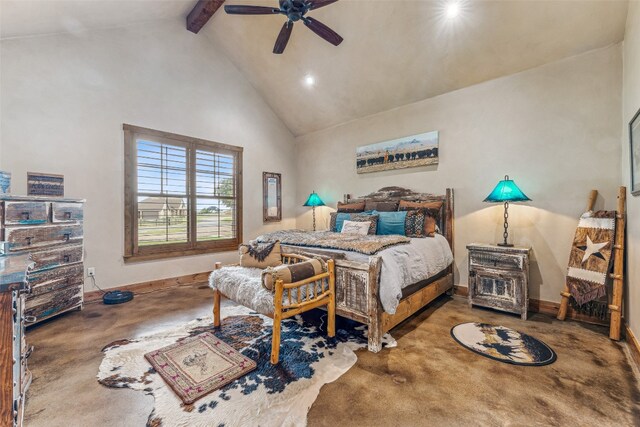 bedroom with high vaulted ceiling, ceiling fan, carpet floors, and beam ceiling