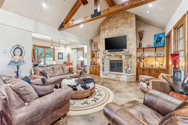 living room with high vaulted ceiling, beam ceiling, and a stone fireplace