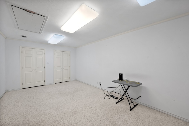 interior space with light colored carpet and crown molding