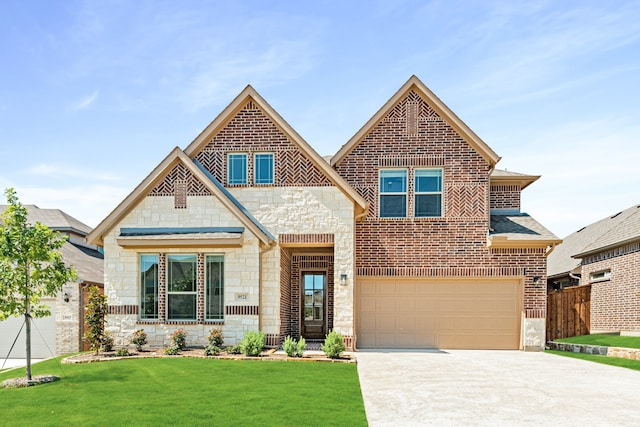 view of front of home with a front yard and a garage