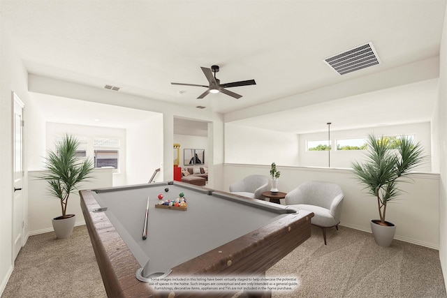 recreation room with carpet flooring, ceiling fan, and billiards