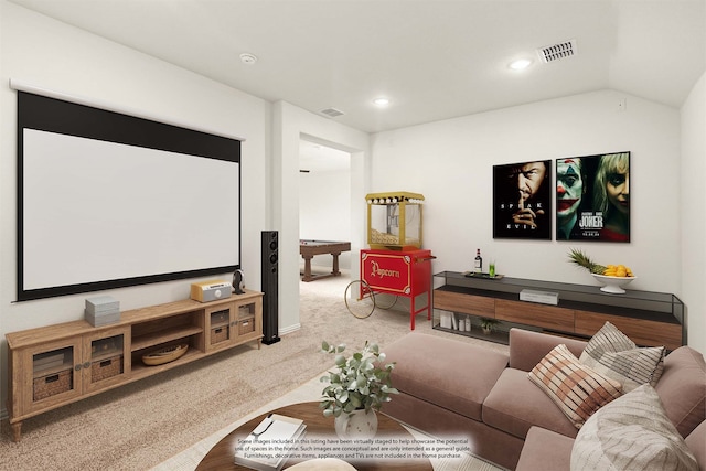 carpeted cinema room featuring vaulted ceiling and pool table