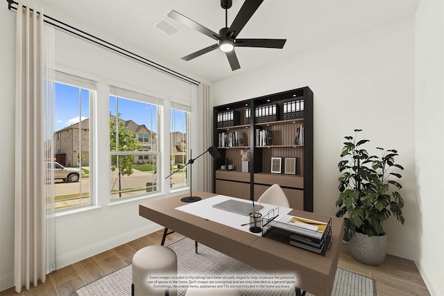 office area featuring ceiling fan and hardwood / wood-style floors