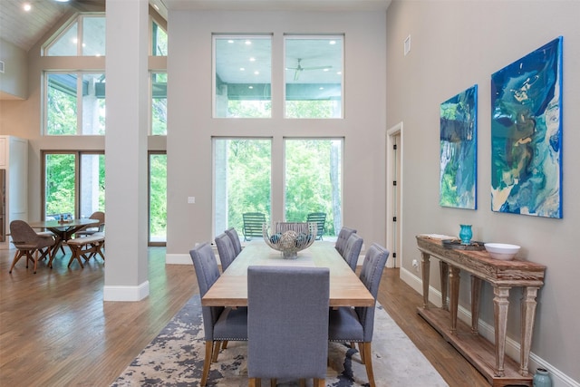 dining room with hardwood / wood-style floors and high vaulted ceiling