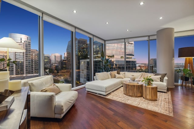 living room featuring plenty of natural light, dark wood-type flooring, and expansive windows