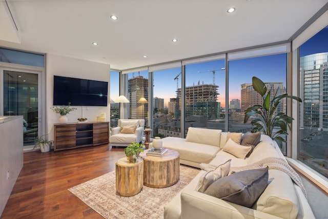 living room featuring floor to ceiling windows and dark hardwood / wood-style flooring