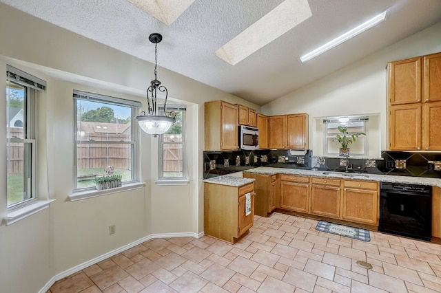 kitchen featuring decorative light fixtures, lofted ceiling with skylight, black dishwasher, and tasteful backsplash