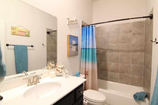 full bathroom with toilet, large vanity, and shower / bath combo with shower curtain