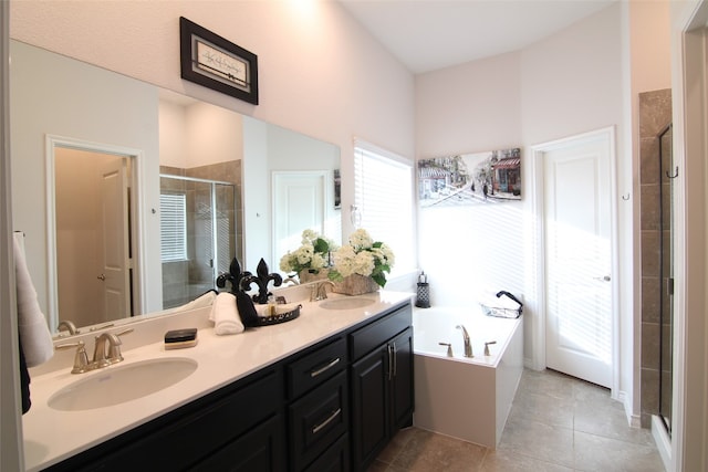 bathroom featuring shower with separate bathtub, tile flooring, and double sink vanity