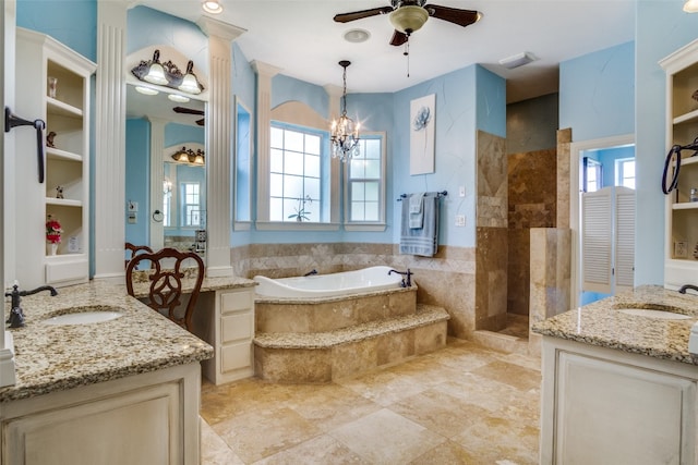 bathroom featuring ceiling fan with notable chandelier, tile floors, independent shower and bath, and dual vanity