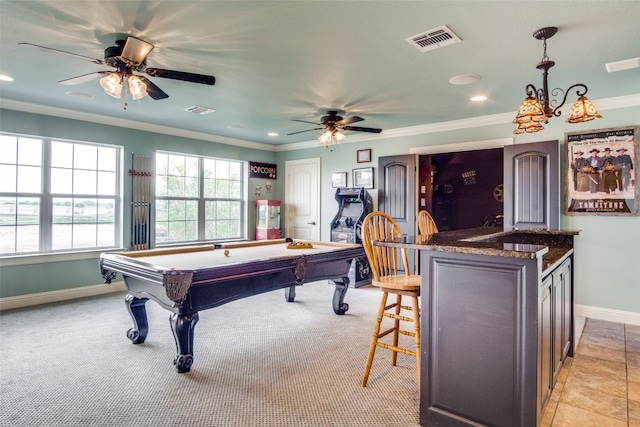 recreation room featuring light tile flooring, ceiling fan, crown molding, and billiards