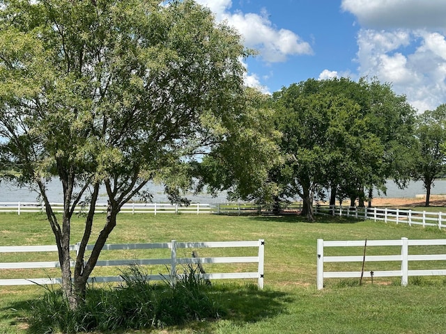 view of community featuring a rural view and a yard