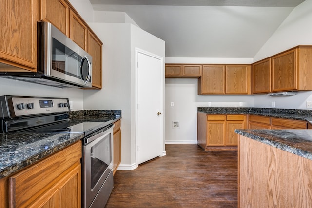 kitchen featuring dark stone countertops, appliances with stainless steel finishes, dark wood-type flooring, and vaulted ceiling