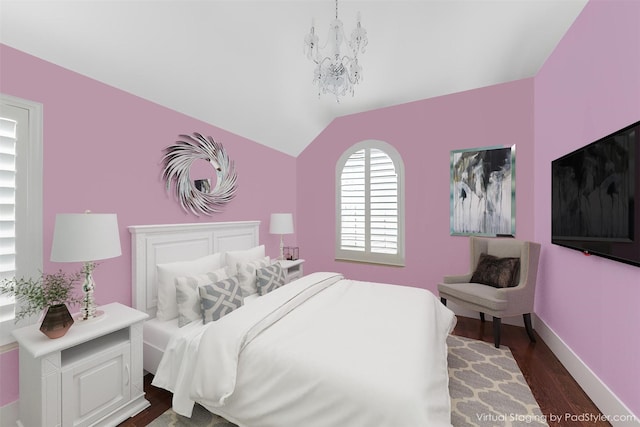 bedroom with dark wood-style floors, vaulted ceiling, a chandelier, and baseboards