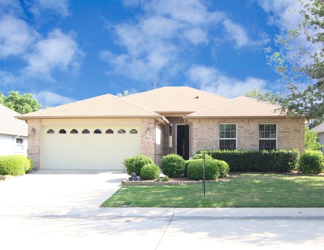 ranch-style home with a front lawn and a garage