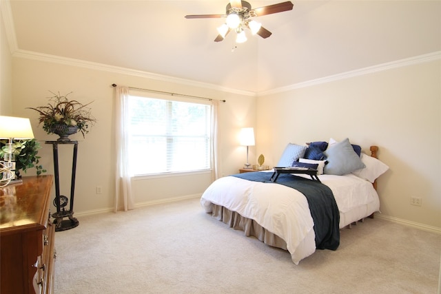 bedroom with ornamental molding, lofted ceiling, ceiling fan, and light carpet