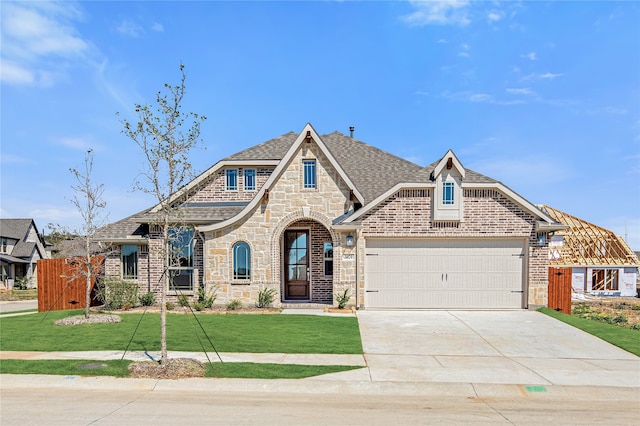 view of front of house with a front yard and a garage