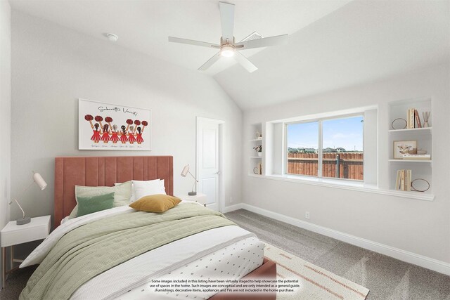 carpeted bedroom with vaulted ceiling and ceiling fan