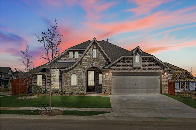 view of front of property with a yard and a garage