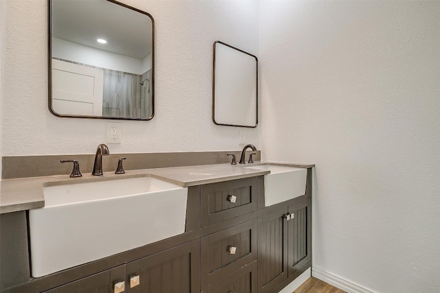 bathroom featuring wood-type flooring and double sink vanity