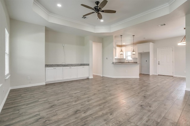 unfurnished living room with a healthy amount of sunlight, light hardwood / wood-style floors, ceiling fan, and a tray ceiling