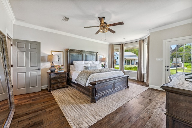 bedroom featuring ornamental molding, dark hardwood / wood-style flooring, ceiling fan, and access to exterior