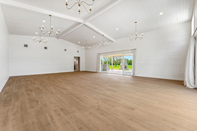 unfurnished living room featuring beamed ceiling, high vaulted ceiling, a notable chandelier, and light wood-type flooring