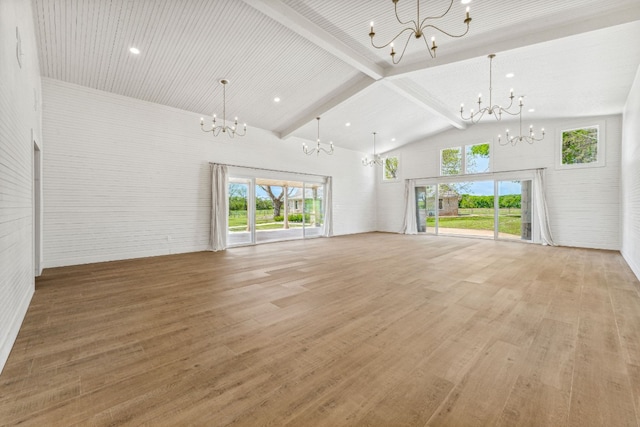 unfurnished living room with a chandelier, beamed ceiling, high vaulted ceiling, and light wood-type flooring