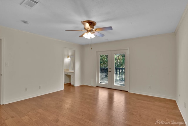 unfurnished room with ornamental molding, french doors, ceiling fan, and light hardwood / wood-style floors