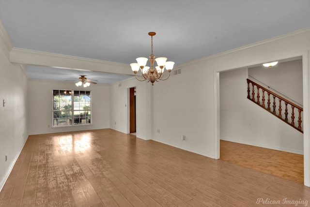 unfurnished room featuring light hardwood / wood-style flooring, ceiling fan with notable chandelier, and ornamental molding