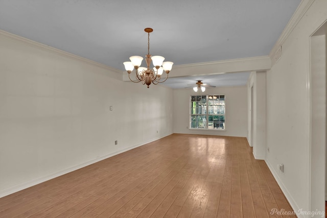 unfurnished room featuring ornamental molding, ceiling fan with notable chandelier, and light hardwood / wood-style flooring