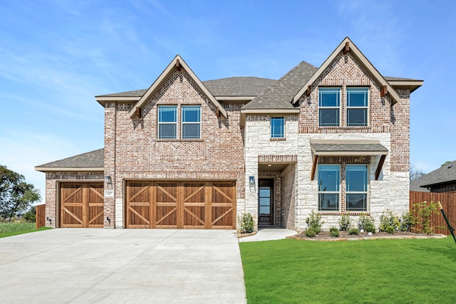 craftsman house with a front yard and a garage