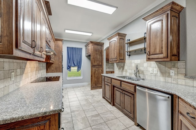 kitchen with sink, decorative backsplash, dishwasher, ornamental molding, and black electric stovetop