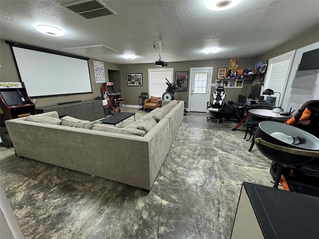 living room featuring a textured ceiling